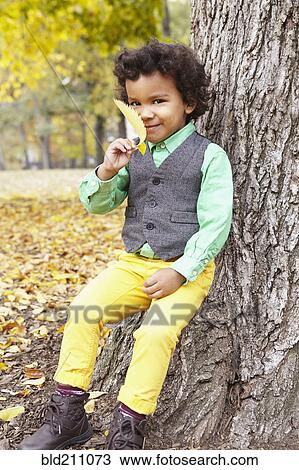 Stock Image - Mixed race boy holding leaf in park. Fotosearch