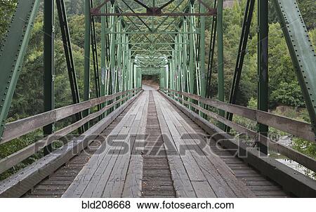 Stock Photo - One Lane Bridge is an old iron bridge over the Mattole river, in California. Fotosearch