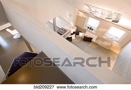 Overhead view of loft in modern home View Large Photo Image Stock Photo - Overhead view of loft in modern home. Fotosearch
