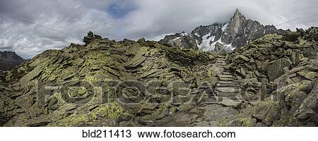 Stock Image - Path to Mer de Glace glacier in mountains, Chamonix, France. Fotosearch