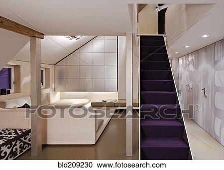 Stock Image - Purple staircase in modern home. Fotosearch
