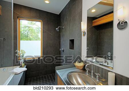 Stock Image - Shower and sink in modern bathroom. Fotosearch