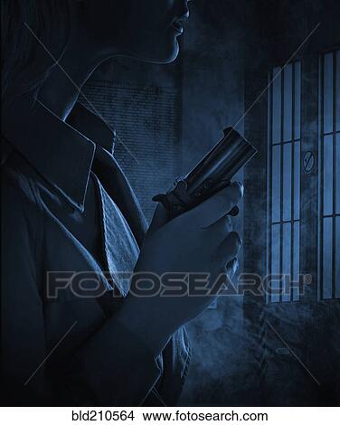 Picture - Silhouette of woman holding gun in dark room. Fotosearch