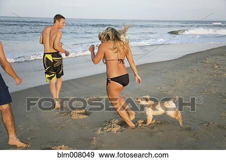 Stock Photo - Teenagers and puppy running on beach. Fotosearch