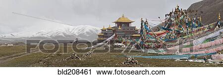 Stock Image - Temple and mountains, Machen Lhagong, Tibet, Asia. Fotosearch