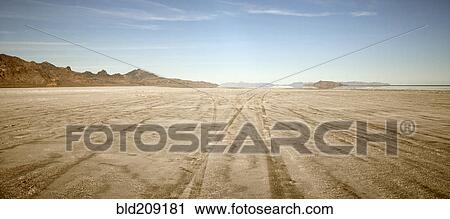 Stock Image - Tire tracks in Bonnaville Salt Flats, Utah, United States. Fotosearch