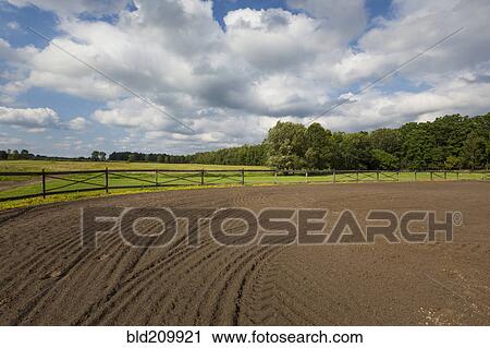 Stock Image - Tire tracks in riding ring on horse farm. Fotosearch