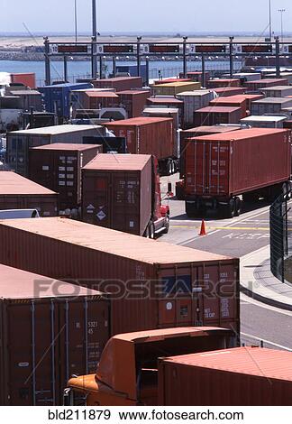 Trucks in queue at shipping terminal, Port of Los Angeles, California, United States View Large Photo Image Stock Photo - Trucks in queue at shipping terminal, Port of Los Angeles, California, United States. Fotosearch