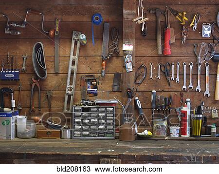 Stock Image - Work Bench and Tools. Fotosearch