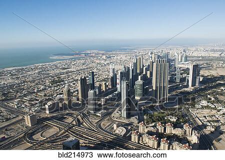 Stock Image - Aerial view of cityscape, Dubai, United Arab Emirates. Fotosearch