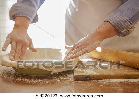 Stock Photo - Baker pressing pie dough in dish. Fotosearch