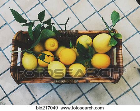 Basket of lemons on table View Large Photo Image Stock Photo - Basket of lemons on table. Fotosearch