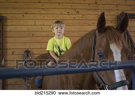 Stock Image - Caucasian boy sitting on horse in stable. Fotosearch