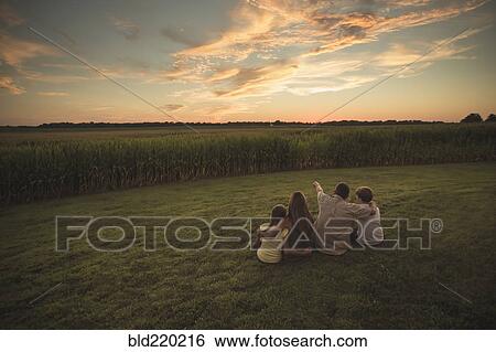 Stock Photograph - Caucasian family admiring corn fields at sunset. Fotosearch