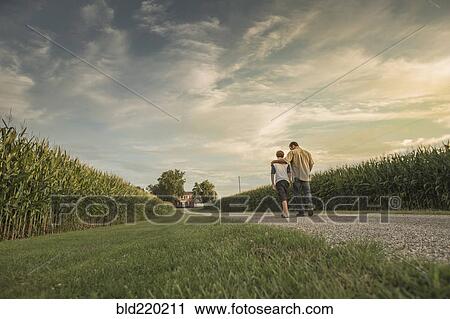 Stock Image - Caucasian father and son walking on dirt path by corn field. Fotosearch