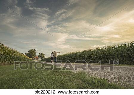 Stock Image - Caucasian father and son walking on dirt path by corn field. Fotosearch