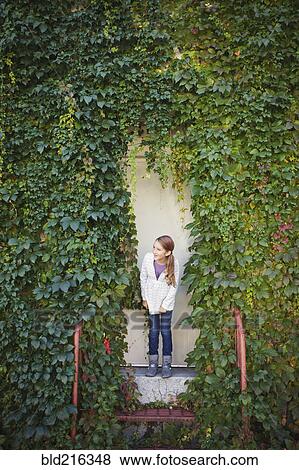 Caucasian girl standing at ivy wall View Large Photo Image Stock Photo - Caucasian girl standing at ivy wall. Fotosearch
