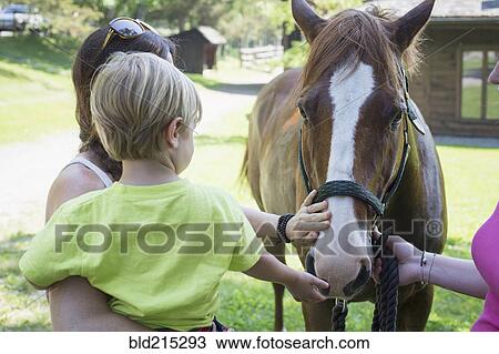 Stock Image - Caucasian mother and son petting horse in paddock. Fotosearch