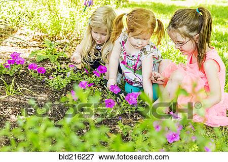 Stock Photo - Caucasian sisters exploring backyard. Fotosearch