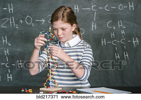 Stock Image - Caucasian student examining molecular model in science class. Fotosearch