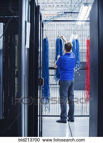 Caucasian technician hanging cables in server room View Large Photo Image Stock Image - Caucasian technician hanging cables in server room. Fotosearch