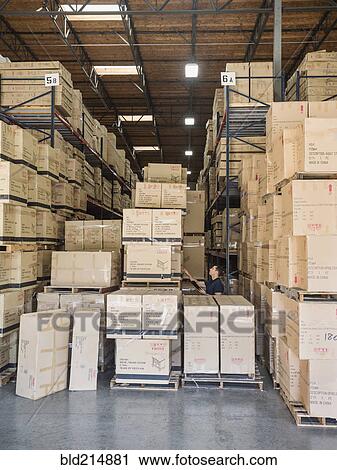 Stock Image - Caucasian worker examining cardboard boxes in warehouse. Fotosearch