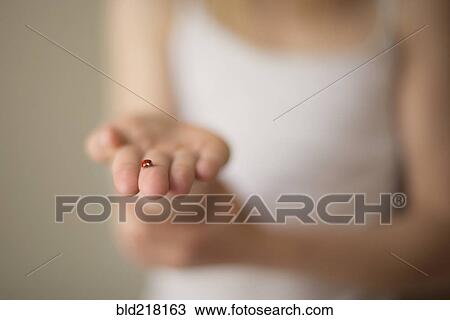 Stock Image - Close up of Caucasian girl holding ladybug. Fotosearch