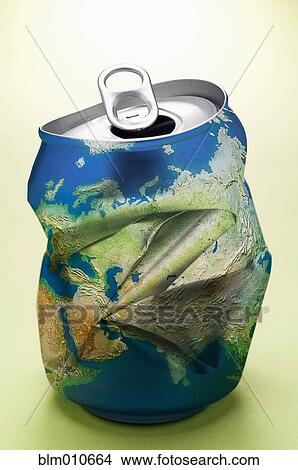 Picture - Crushed soda can with globe design. Fotosearch