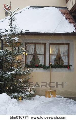 Picture - Decorated, snow covered Christmas tree. Fotosearch