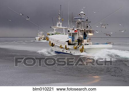 Fishing boat traveling in winter ocean View Large Photo Image Stock Image - Fishing boat traveling in winter ocean. Fotosearch