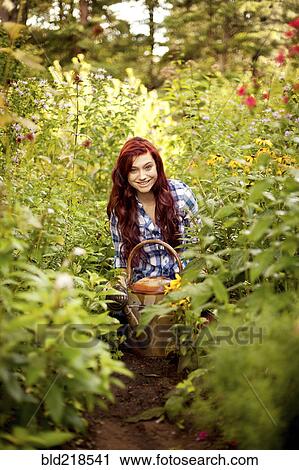 Stock Image - Gardener weeding plants in backyard. Fotosearch