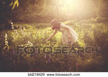 Stock Photo - Girl picking flowers in rural field. Fotosearch