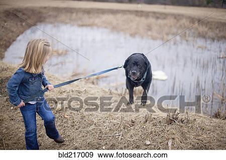Girl pulling dog on leash near rural pond View Large Photo Image Stock Photo - Girl pulling dog on leash near rural pond. Fotosearch