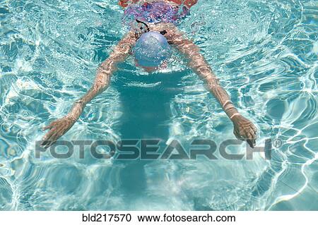 Stock Image - High angle view of Caucasian woman swimming in pool. Fotosearch