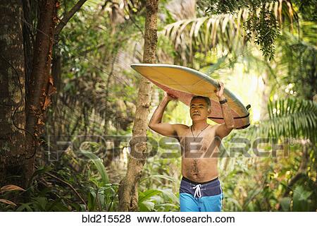 Stock Photo - Hispanic man carrying surfboard through jungle. Fotosearch