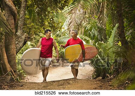Stock Photograph - Hispanic men carrying surfboards on jungle trail. Fotosearch