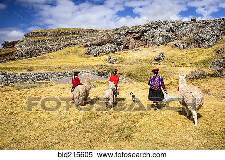 Stock Photography - Hispanic mother and children walking llamas in rural landscape. Fotosearch