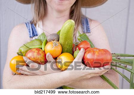 Stock Photo - Mixed race farmer holding gathered vegetables. Fotosearch