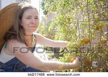 Stock Photo - Mixed race farmer working in garden. Fotosearch