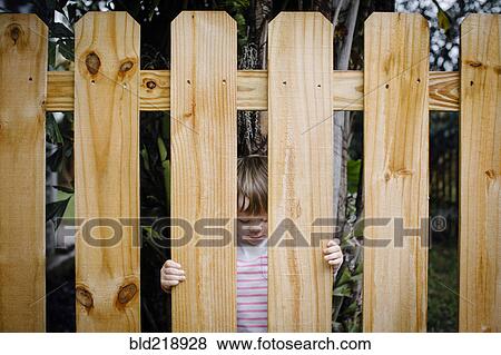 Stock Photo - Mixed race girl looking through wooden fence in backyard. Fotosearch