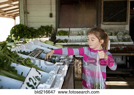Stock Photo - Mixed race girl shopping in farmers market. Fotosearch