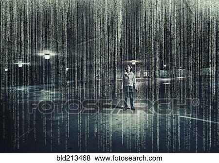 Stock Photo - Mixed race girl standing in parking lot under raining binary code. Fotosearch