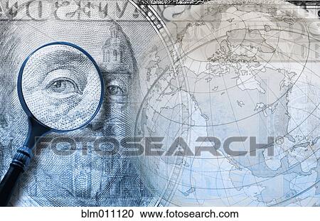 Montage of globe, cash and magnifying glass View Large Photo Image Stock Image - Montage of globe, cash and magnifying glass. Fotosearch