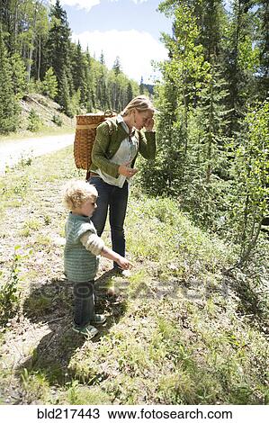 Stock Image - Mother and son exploring on forest hillside. Fotosearch