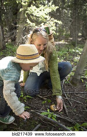 Stock Photo - Mother and son foraging for mushrooms in forest. Fotosearch