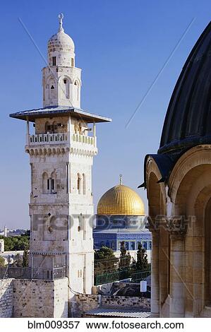 Ornate minaret tower and Dome of the Rock View Large Photo Image Stock Photo - Ornate minaret tower and Dome of the Rock. Fotosearch