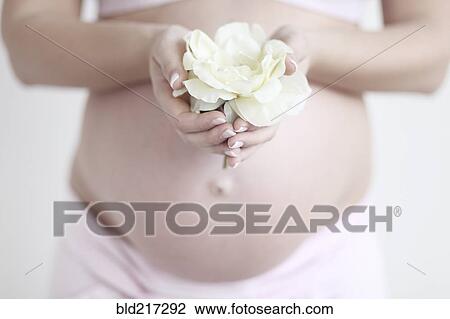Stock Image - Pregnant Caucasian woman holding flower. Fotosearch