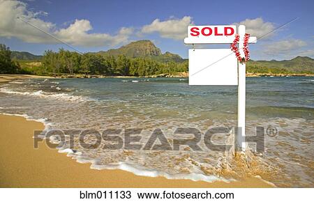Stock Image - Real estate 'sold' sign in sand on beach. Fotosearch