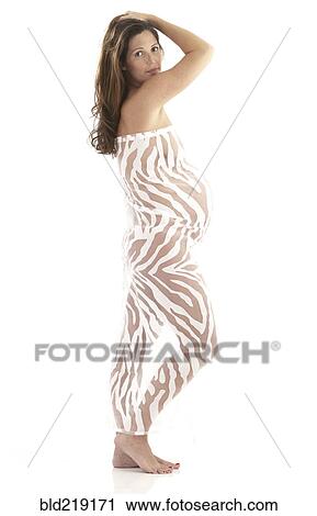 Stock Image - Side view of pregnant woman wearing bodysuit. Fotosearch
