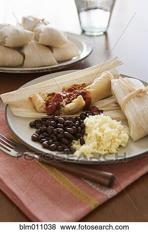 Tamales, beans and rice on plate View Large Photo Image Stock Photo - Tamales, beans and rice on plate. Fotosearch